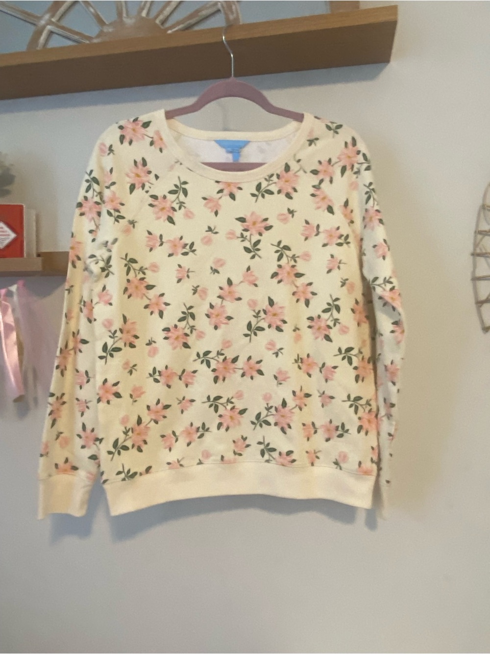 Draper James Cream Crewneck Sweater with Pink Floral Print
